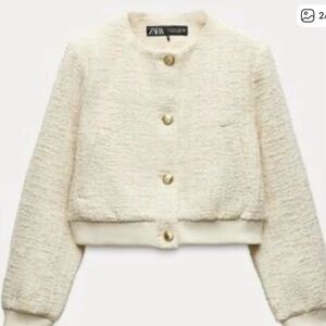 Zara Cream Cropped Tweed Bomber Jacket with Gold Buttons